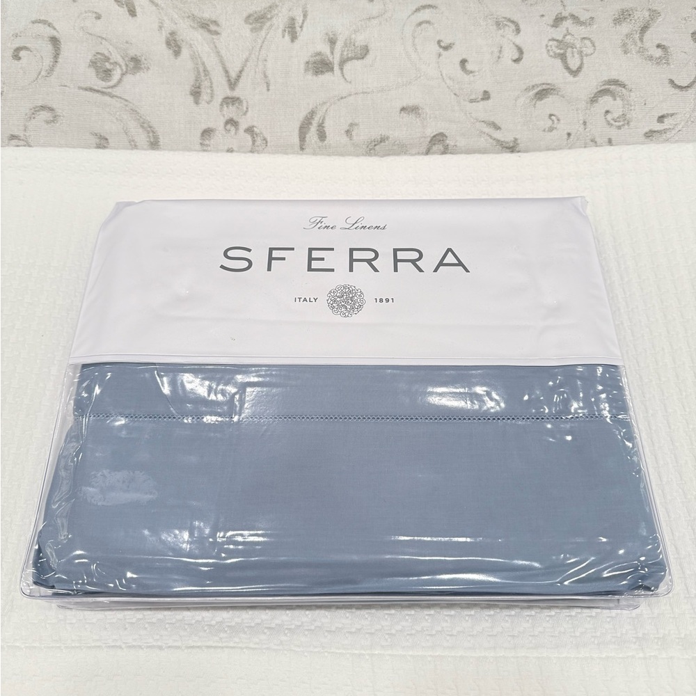 SFERRA LEONARDO PERCALE 4-PIECE QUEEN SHEET SET POOLSIDE BLUE MADE IN ITALY